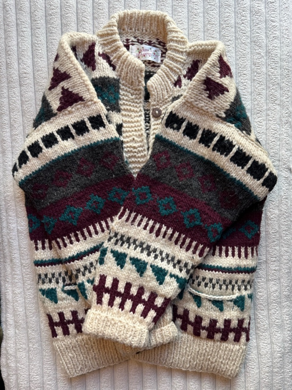 Cozy Fair Isle Cream Cardigan Sweater with Teal & Burgundy Accents
